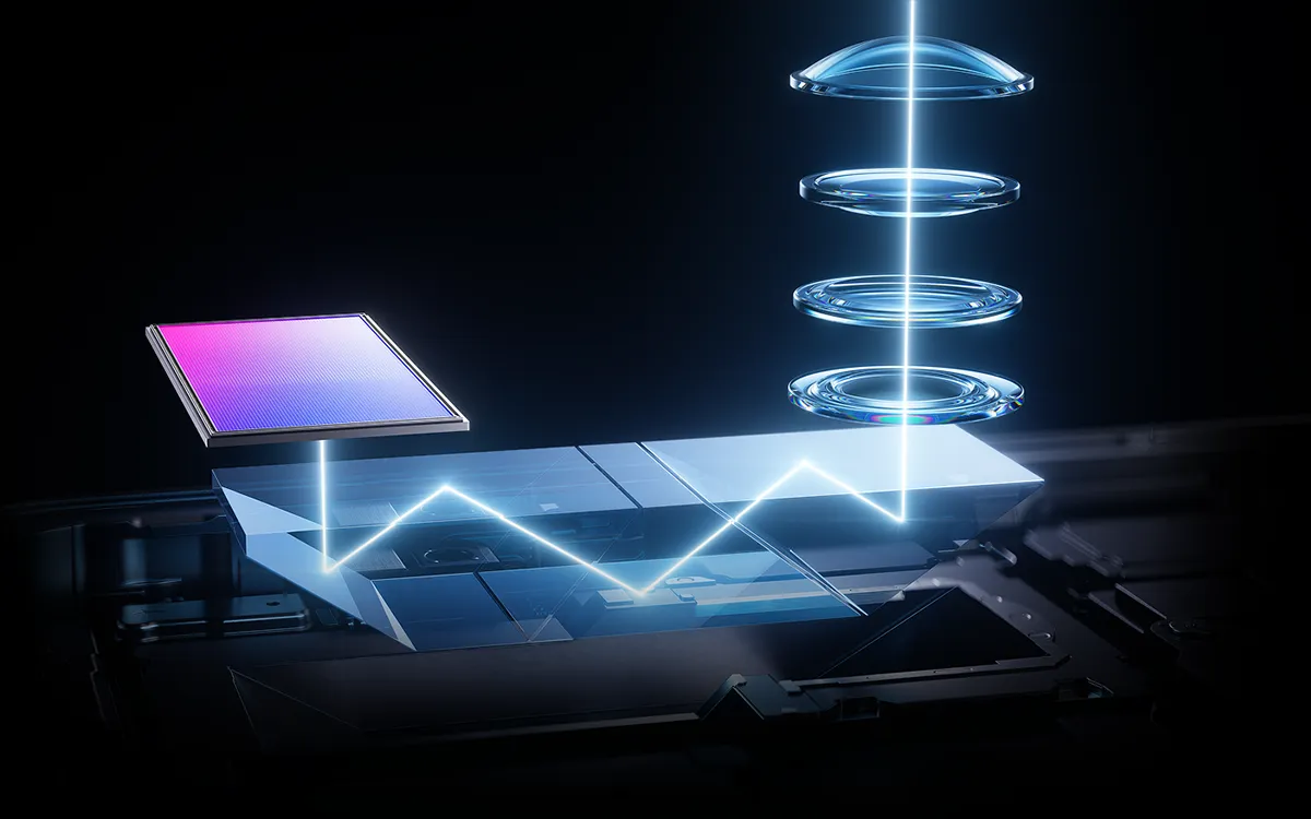 Wizualizacja peryskopowego aparatu w smartfonie: stos soczewek, wiązka światła odbijana zygzakiem przez pryzmaty do poziomo ułożonej matrycy.