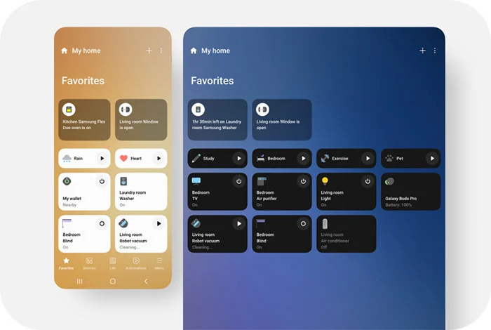 Dwa ekrany pokazują interfejs aplikacji "Mój dom" z opcjami sterowania urządzeniami w domu, takimi jak oświetlenie i telewizor.