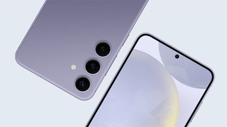 Dwa fioletowe telefony leżą na jasnym tle. Jeden pokazuje ekran, drugi trzy obiektywy aparatu.