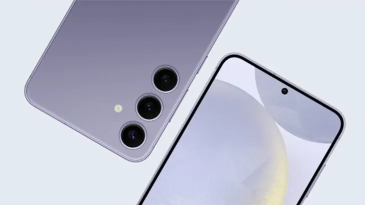 Dwa fioletowe telefony leżą na jasnym tle. Jeden pokazuje ekran, drugi trzy obiektywy aparatu.