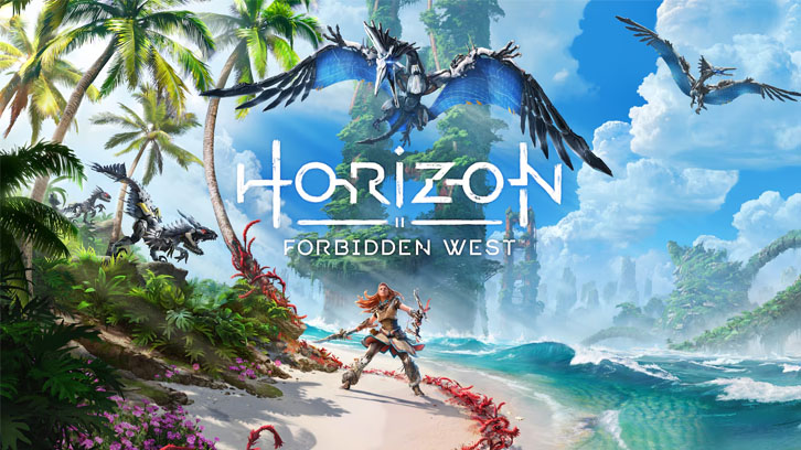 Na obrazie widnieje Aloy na plaży z palmami, latającymi maszynami i logo "Horizon Forbidden West" na tle wodospadu.