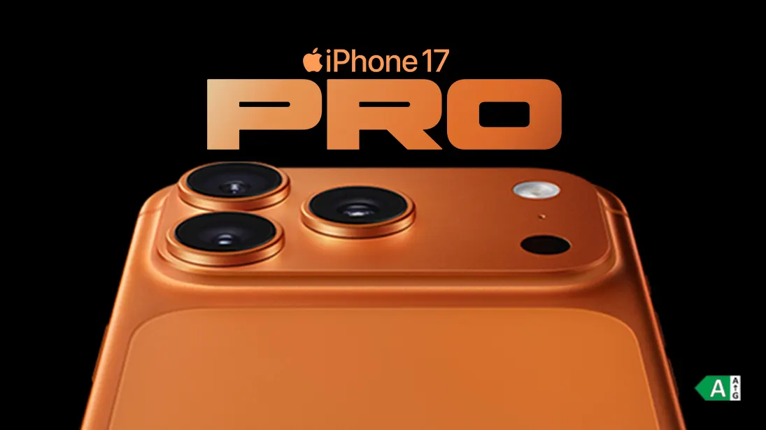 Zbliżenie na górną połowę plecków Apple iPhone Pro17 w kolorze kosmicznym pomarańczowym.