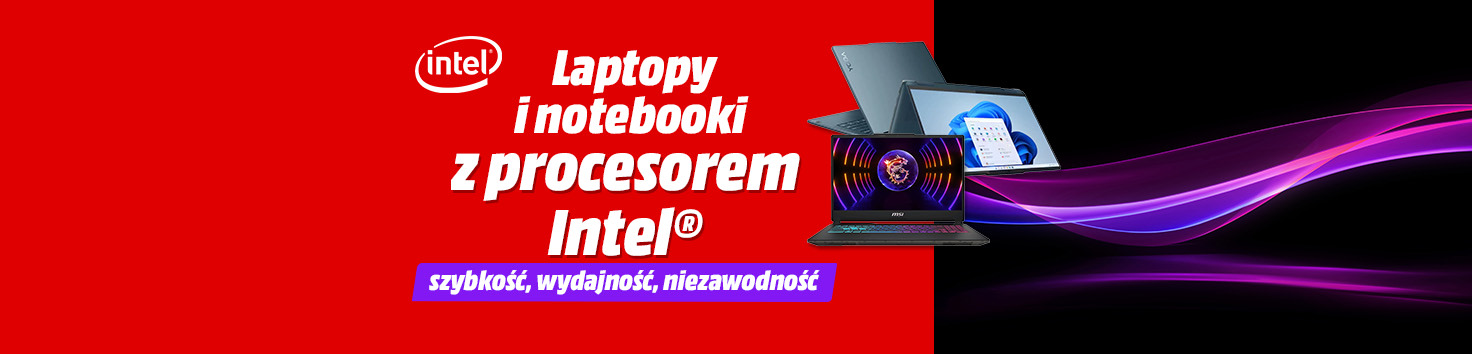Napis laptopy i notebooki z procesorem Intel® – szybkość, wydajność, niezawodność na czerownym tle. Trzy laptopy na czarno- czerwonym tle.