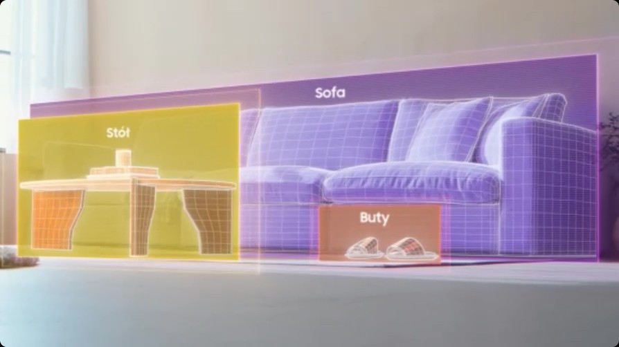Salon z sofą i stolikiem kawowym; na obiektach półprzezroczyste kolorowe ramki z siatką 3D i podpisami: ‘Sofa’, ‘Stół’, ‘Buty’ (para kapci pod kanapą) — wizualizacja oznaczania obiektów.