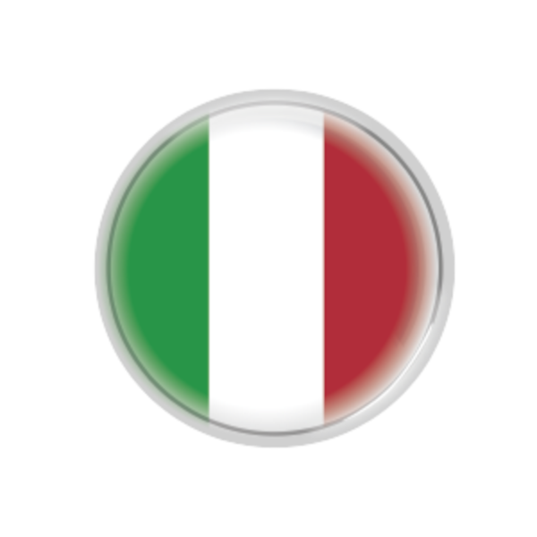Okrągła ikona z flagą Włoch. Flaga ma trzy pionowe pasy: zielony, biały i czerwony. Obramowanie ikony jest srebrne.