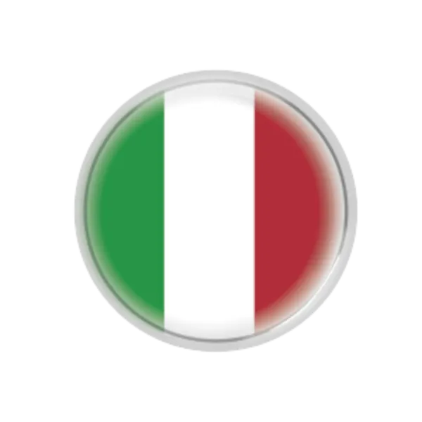 Okrągła ikona z flagą Włoch. Flaga ma trzy pionowe pasy: zielony, biały i czerwony. Obramowanie ikony jest srebrne.