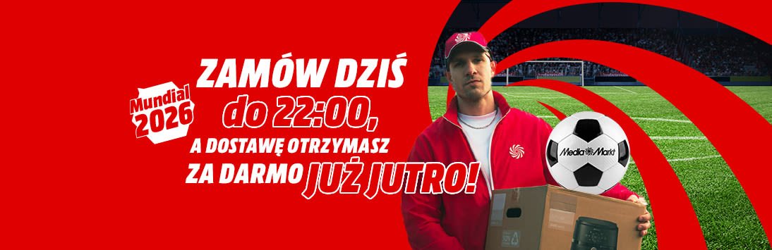 "Zamów dziś do 22:00, a dostawę otrzymasz za darmo już jutro!". Mężczyzna trzyma karton na tle murawy i bramki. Obok piłka oraz Mundial 2026.