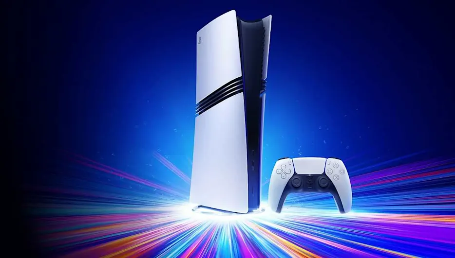 Konsola PlayStation 5 i biały kontroler DualSense na tle niebieskich smug świetlnych.