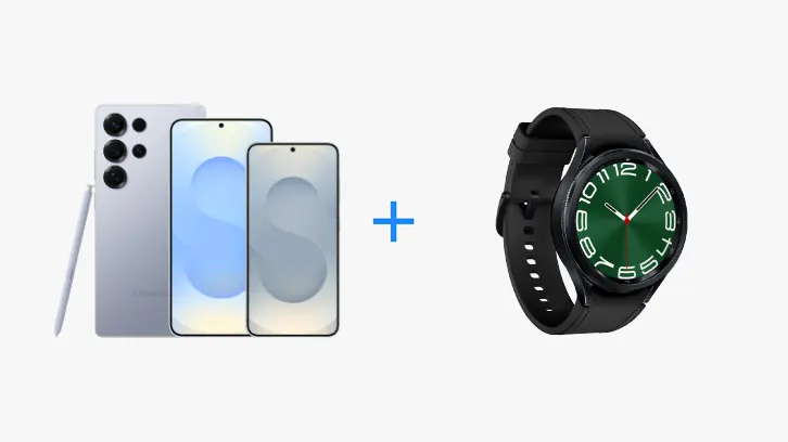 Na białym tle trzy telefony, rysik i zegarek na rękę, oddzielone znakiem plusa.