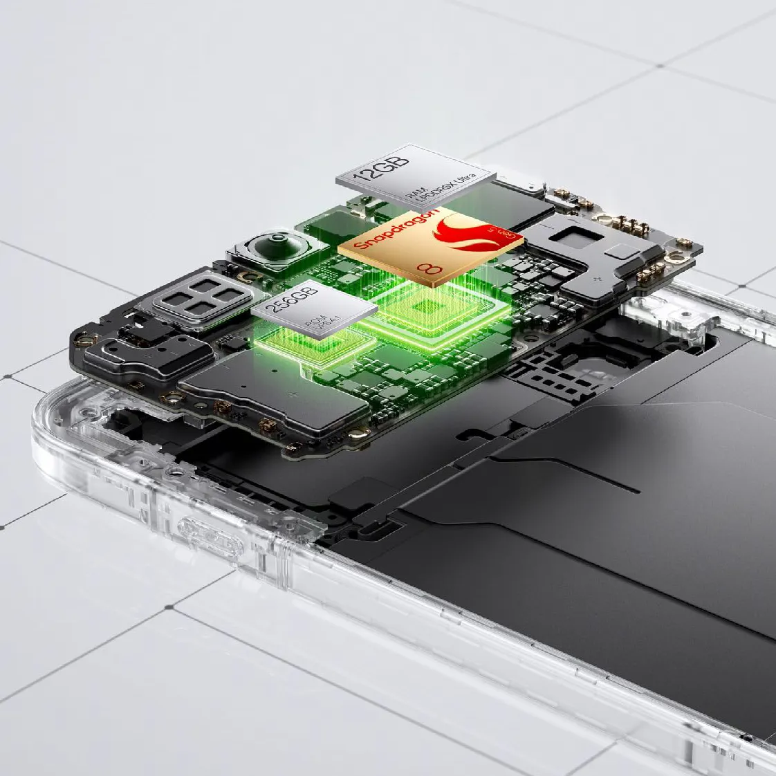 wnętrze telefonu z widocznymi elementami jak procesor, ram i płyta główna oraz pozostałymi podzespołami