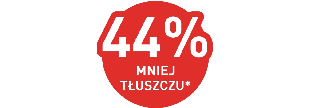 Czerwone koło z białym napisem "44% MNIEJ TŁUSZCZU*". Tekst informuje o redukcji zawartości tłuszczu w produkcie.