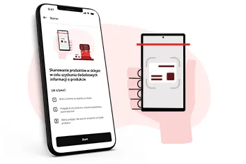 Ekran telefonu pokazuje aplikację do skanowania produktów w sklepie, obok schemat skanowania kodu kreskowego.