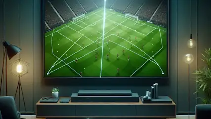 Salon z zielonym boiskiem do piłki nożnej na telewizorze. Stół z gazetą i piłką. Lampa obok.