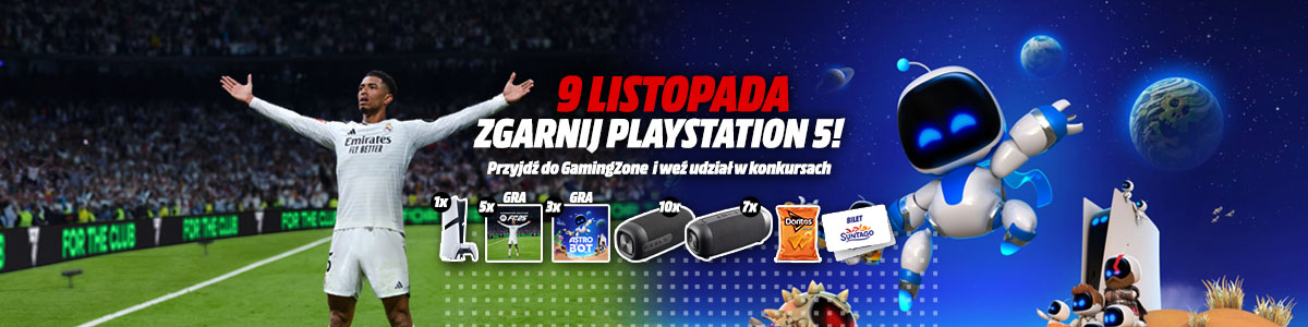 Plakat z piłkarzem na stadionie, robotem, planetami i nagrodami do wygrania 9 listopada: PlayStation 5, gry i akcesoria.