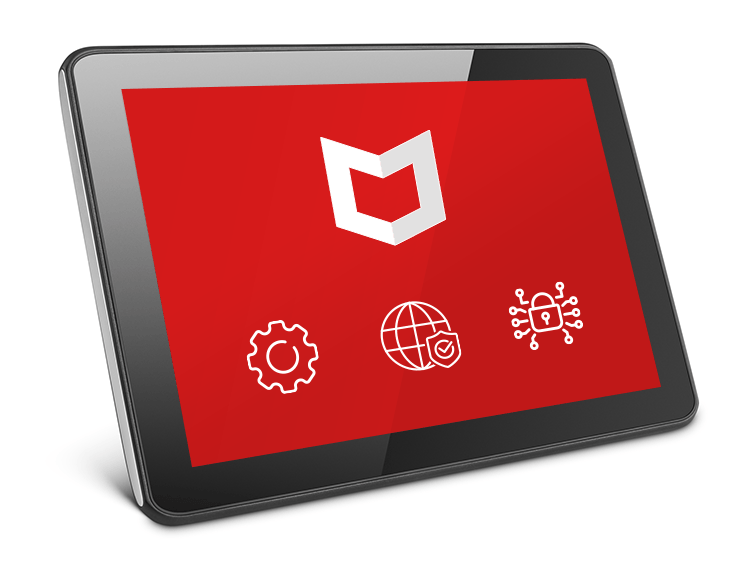 Czarny tablet z czerwonym ekranem. Na ekranie białe ikony: tarcza, koło zębate, glob z tarczą i kłódka z obwodem.