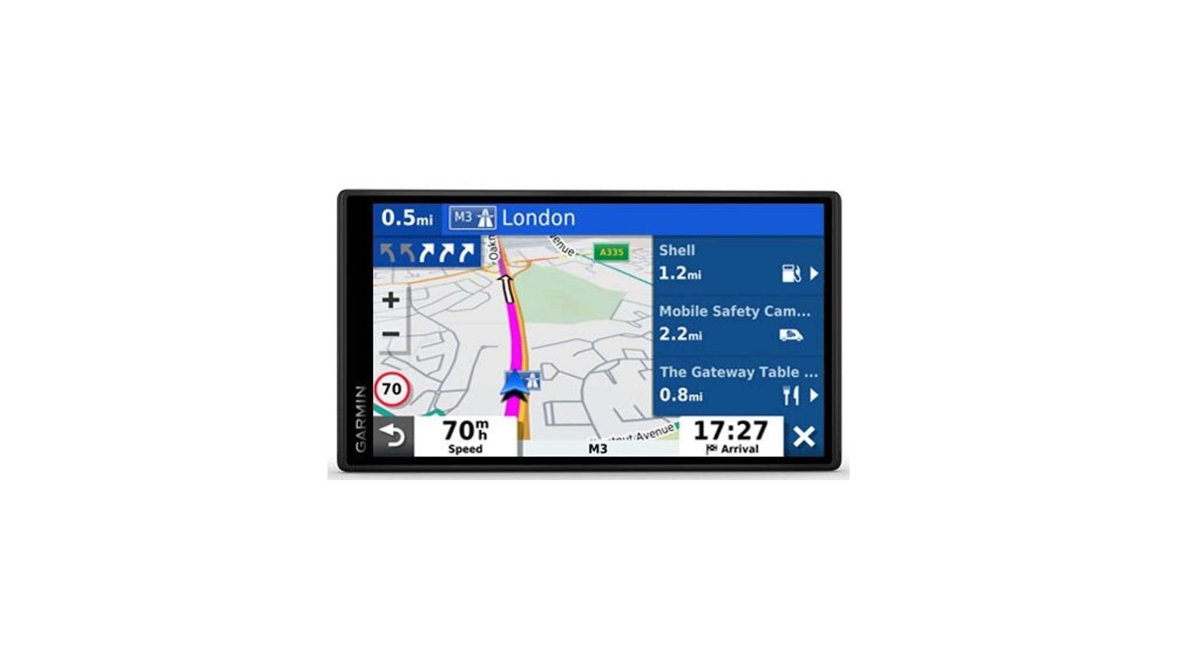 Czarna nawigacja samochodowa Garmin z kolorowym ekranem wyświetlającym mapę, przedstawiona z przodu na białym tle.