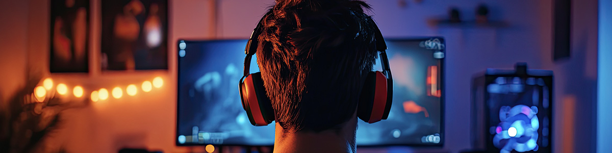 Zdjęcie zrobione od pleców osoby, która siedzi przed komputerem, gra w grę i ma śłuchawki na uszach. Na drugim planie komputer i monitor.
