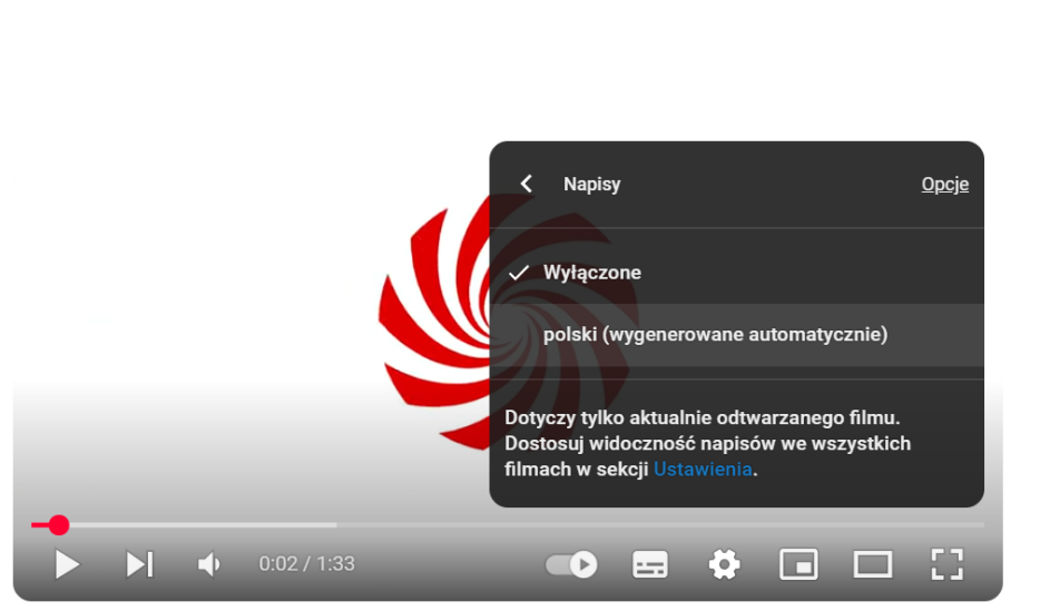 Ekran odtwarzacza wideo z menu opcji napisów. Wybrane są "Wyłączone", opcja "polski (wygenerowane automatycznie)" jest dostępna.