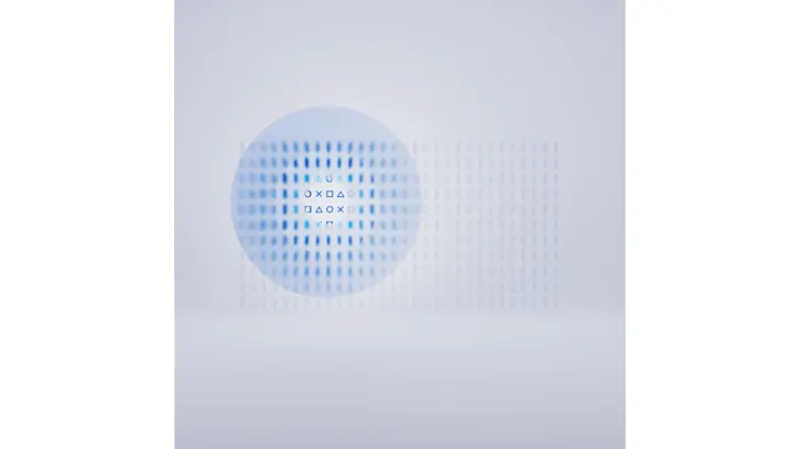 Na jasnym tle widoczny jest wzór z niebieskich kropek w kształcie koła i rzędów pikseli z literami.
