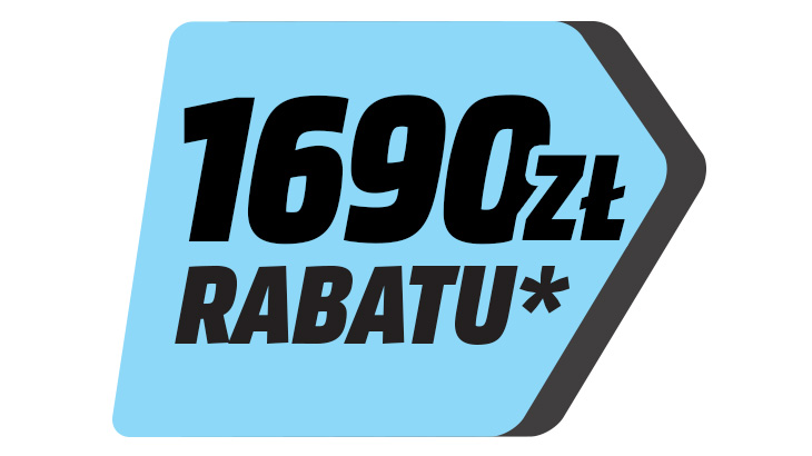 Niebieska ikona z czerwoną obwódką, czarny tekst: "1690zł RABATU*".