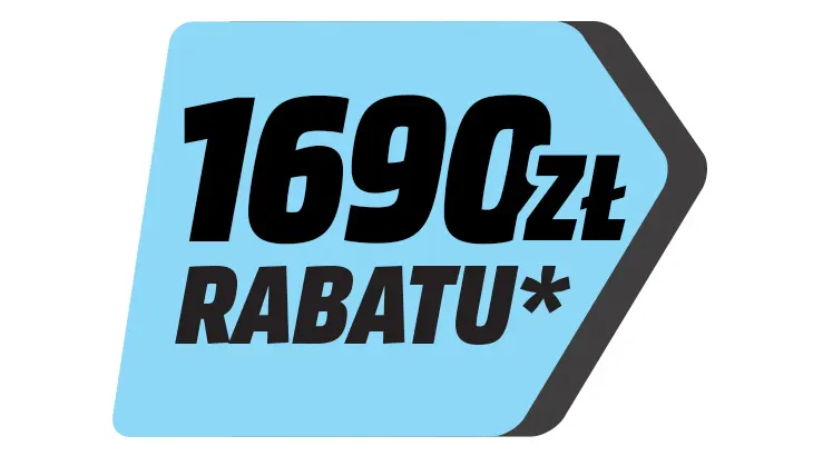 Niebieska ikona z czerwoną obwódką, czarny tekst: "1690zł RABATU*".