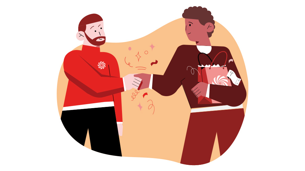 Na ilustracji dwóch mężczyzn wita się, podając sobie ręce. Jeden ma czerwoną bluzę i czarne spodnie, a drugi brązową marynarkę i torbę na zakupy.