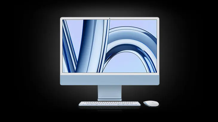 Na czarnym tle widoczny jest jasnoniebieski komputer stacjonarny z klawiaturą i myszą. Na ekranie wyświetlają się abstrakcyjne, niebieskie kształty.