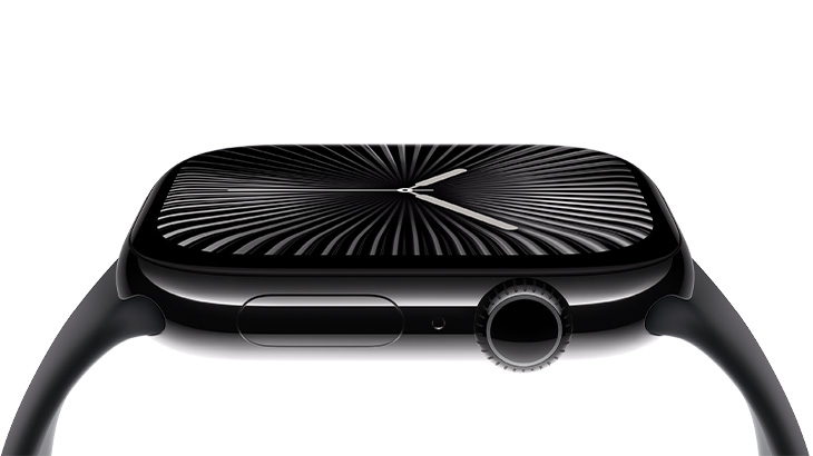 Czarny smartwatch z tarczą w paski, wskazówki pokazują godzinę. Na boku przycisk i pokrętło.