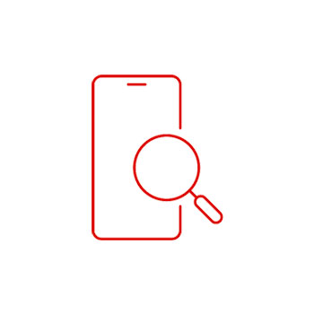 Czerwony obrys telefonu i lupy na białym tle. Symbol wyszukiwania mobilnego lub analizy danych.