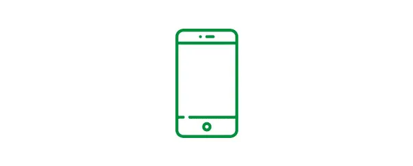 Zielony kontur smartfona na białym tle. Ekran, głośnik i przycisk główny są zaznaczone.
