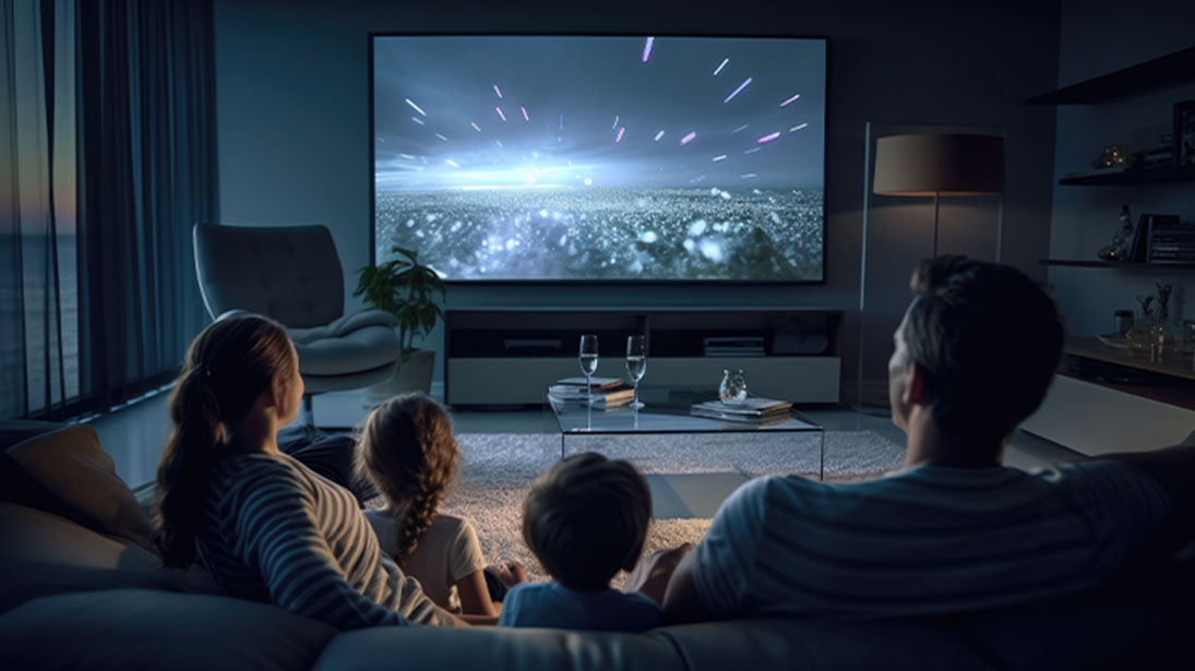 Czteroosobowa rodzina przed 65-calowym telewizorem QD-OLED w ciemnym pokoju. Na ekranie film SF.