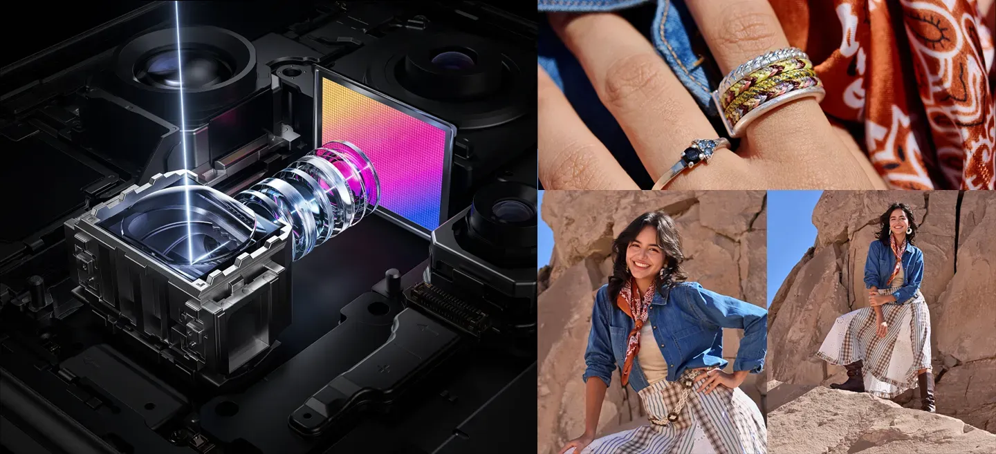 Kolaż: po lewej przekrój peryskopowego modułu aparatu w smartfonie z pryzmatem i matrycą; po prawej trzy przykładowe zdjęcia — zbliżenie dłoni z biżuterią oraz dwie fotografie osoby w skalistym plenerze — pokazujące możliwości zoomu.