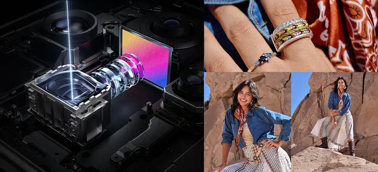 Kolaż: po lewej przekrój peryskopowego modułu aparatu w smartfonie z pryzmatem i matrycą; po prawej trzy przykładowe zdjęcia — zbliżenie dłoni z biżuterią oraz dwie fotografie osoby w skalistym plenerze — pokazujące możliwości zoomu.