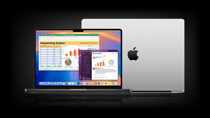 Laptop z otwartym ekranem, na którym widoczne są okna z danymi i wykresami, obok zamknięty laptop ze srebrnym logo Apple na czarnym tle.