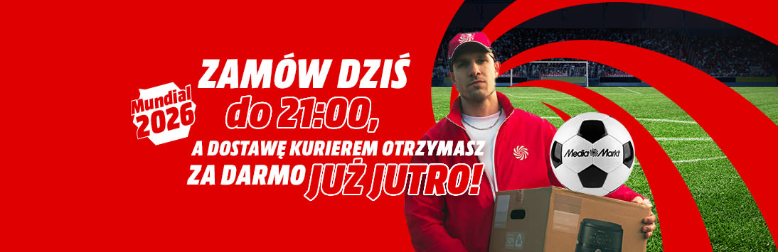 "Zamów dziś do 21:00, a dostawę kurierem otrzymasz za darmo już jutro!". Mężczyzna trzyma karton na tle murawy i bramki. Obok piłka oraz Mundial 2026.