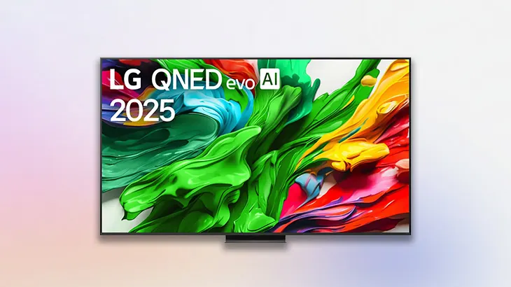 Telewizor LG na różowo fioletowym tle.