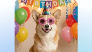 Urodzinowa scena: corgi w czapce siedzi przy stole; przed nim mini tort z zapaloną świeczką, prezenty i dekoracje; w tle kolorowe balony i girlanda „BIRTHDAY”.