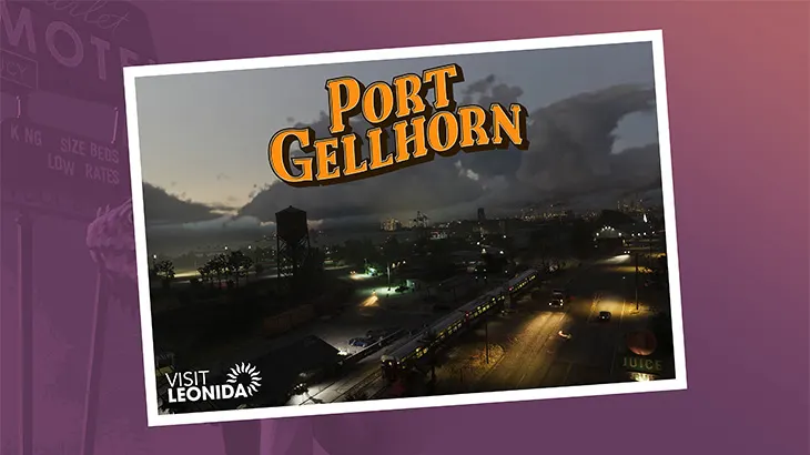 Pocztówka z Port Hellhorn, na fioletowym tle.