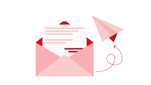 Różowa koperta z białą kartką i czerwonymi liniami tekstu, obok papierowy samolot z czerwoną końcówką i śladem lotu.