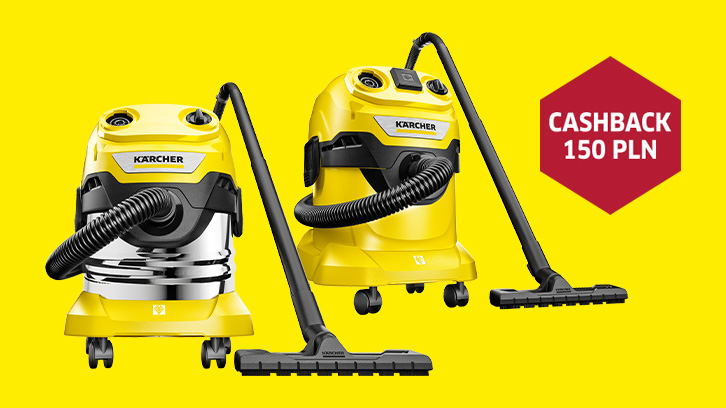 Żółte odkurzacze Karcher na żółtym tle, obok czerwony sześciokąt z napisem "Cashback 150 PLN".