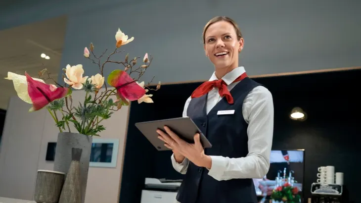 Uśmiechnięta kobieta w uniformie trzyma tablet. W tle kwiaty w wazonie oraz elementy wyposażenia wnętrza.