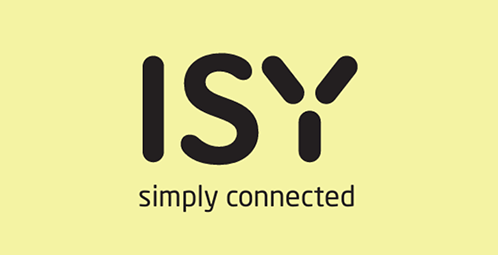 Logo ISY na żółtym tle. Czarne litery ISY u góry, pod nimi napis "simply connected".