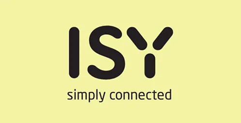 Logo ISY na żółtym tle. Czarne litery ISY u góry, pod nimi napis "simply connected".