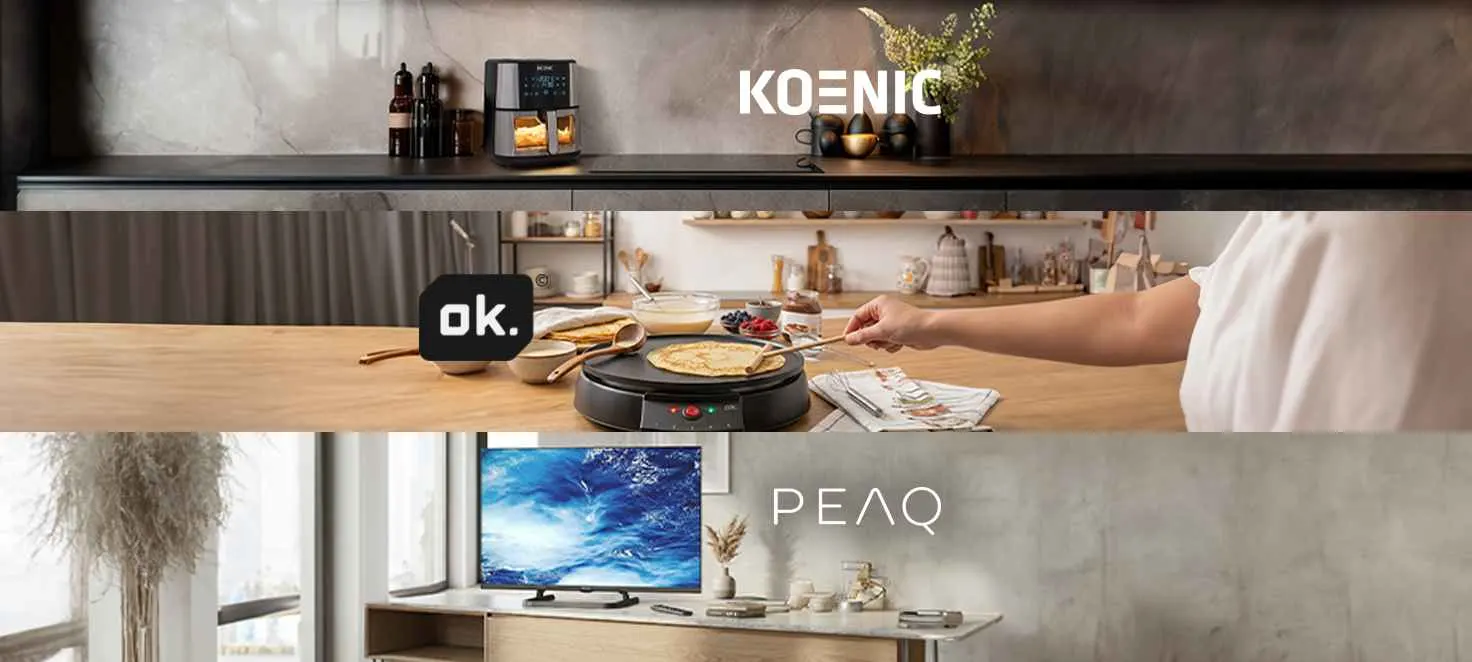 Na obrazie widać 3 panele z produktami marek OK, PEAQ i Koenic.