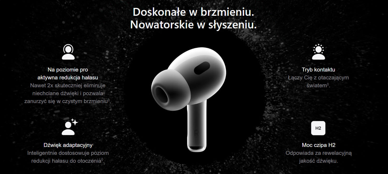 Słuchawka bezprzewodowa w kolorze białym na czarnym tle. Tekst reklamowy o doskonałym brzmieniu i nowatorskim słyszeniu.