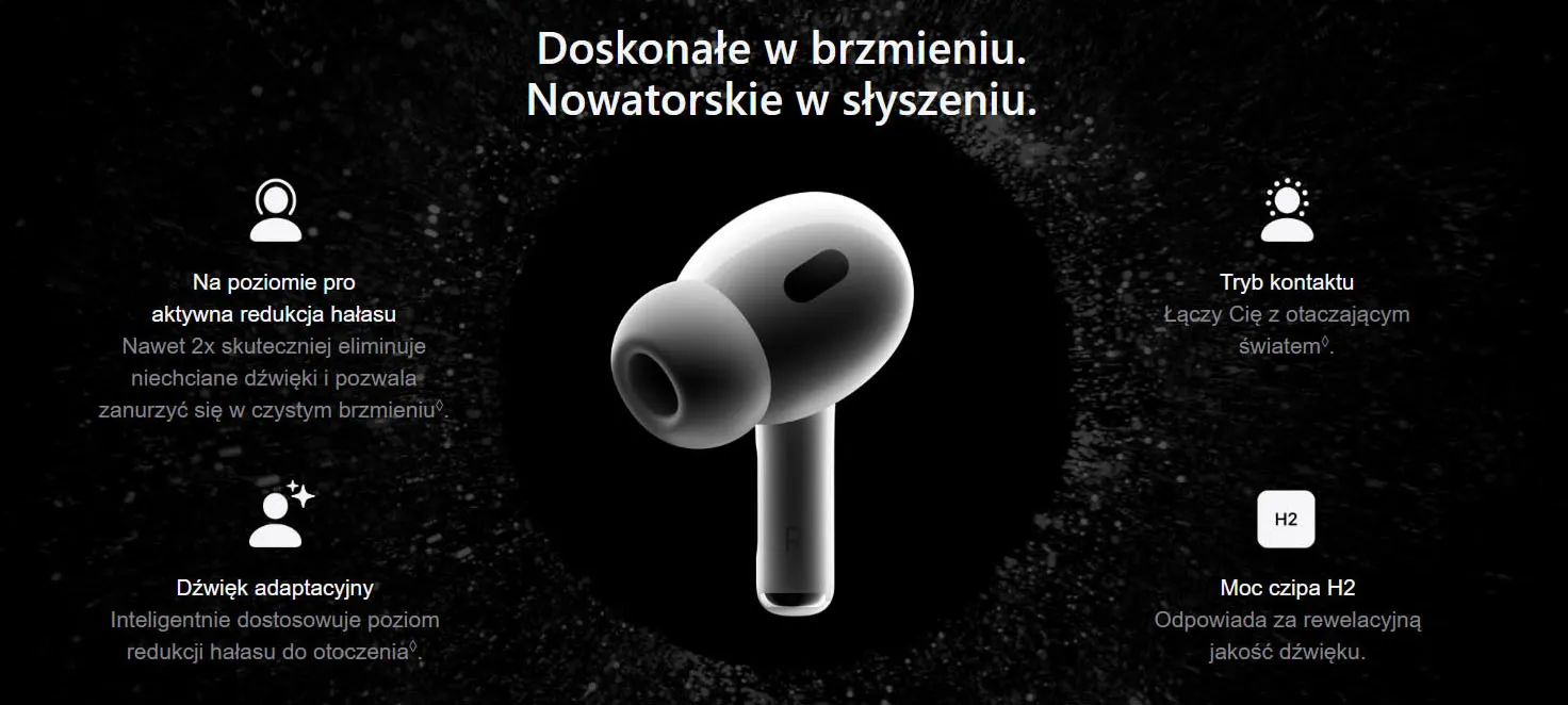 Słuchawka bezprzewodowa w kolorze białym na czarnym tle. Tekst reklamowy o doskonałym brzmieniu i nowatorskim słyszeniu.
