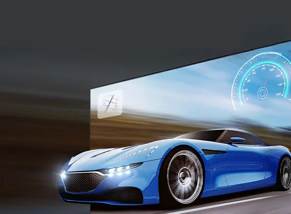 ekran telewizora samsung z którego wyjeżdża sportowy samochód