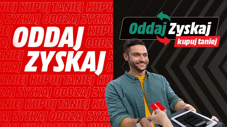 Na czerwonym tle napis "Oddaj Zyskaj". Po prawej stronie mężczyzna wręcza kartę, trzyma tablet. W tle napis "Oddaj Zyskaj kupuj taniej".