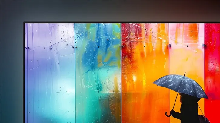 Kobieta idąca z parasolem przy szklanych oknach w różnych kolorach