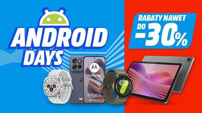 Promocja Android Days: zegarek, smartfon Motorola Edge, tablet z rabatem do -30% na niebiesko-czerwonym tle.